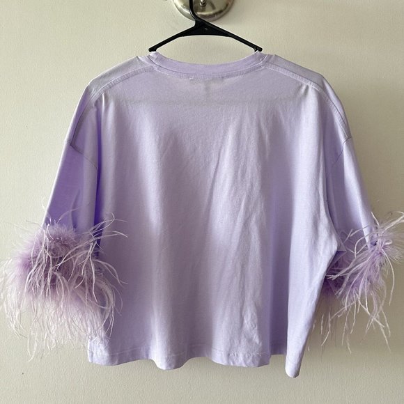 Maje Plume Feather-Trim Tee Purple Sz 2 T-shirt Lilac - Picture 5 of 7